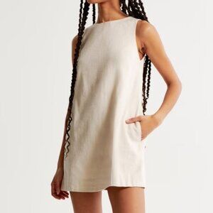 NWT - Abercrombie High-Neck Linen-Blend Mini Dress | Medium Tall | Cream